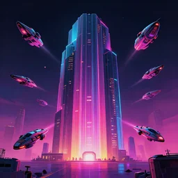 simple brutalist architecture, colorful neon lighting, flying vehicles, greg rutkowski, syd mead, ralph mcquarrie, concept art, matte painting, highly detailed, rule of thirds, dynamic lighting, cinematic, detailed, denoised, centered