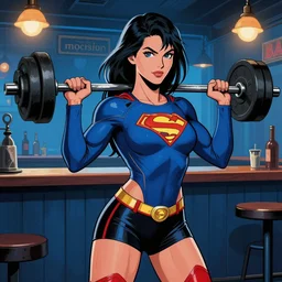 an attractive female superhero lifting weights in a blues bar, digital illustration, in the style of greg rutkowski, intricate, highly detailed, sharp