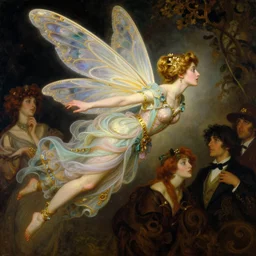 dynamic composition, fairy with dragonfly wings, flying fairy, side view, ornate gilded details, pastel colors, a surrealist painting by tom bagshaw and jacek yerga and tamara de lempicka and jesse king, wiccan, pre - raphaelite, featured on cgsociety, pop surrealism, surrealist, dramatic lighting