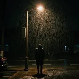 lonely man waiting in rain at night under a street lamp