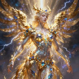 full muscular body made of gems with golden feathers ,thunder, shining light, nebulas, god rays by Karol Bak, Ayami Kojima, Amano