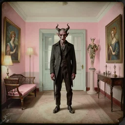 a demon in a liminal hotel room, daguerreotype by edward hopper, by henri rousseau, by Bosch, by Pontormo, art noveau, highly detailed, strong lights, liminal, eerie, Bright pastel colors, octane render, 8k,