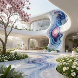 futuristic sharp focus biophilic villa interior with garden, cinematic morning light, magnolia, daisies, ceramic porcelain stone nebula fluid colorful architecture landscape, hyper detailed, furniture, granite, trees, marble, moss, lichen, vincent callebaut composition, mamou - mani, cinematic morning light, 8 k, unreal engine, uhd