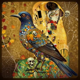 an insanely detailed cell shaded vector art of a mechanical bird with woman and the death, intricate detailed autumn leaves, spiderweb, mycelia, by ruan jia, fantasy, hyper detailed, concept art, by gustav klimt, by greg rutkowski, by alphonse mucha