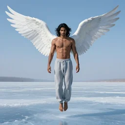 angel Danny Desai with white-gray wings. shirtless and sweatpants. Floating above frozen landscape. Smooth brown skin. Long black hair. Distant full body shot. Artwork by Alex Ross