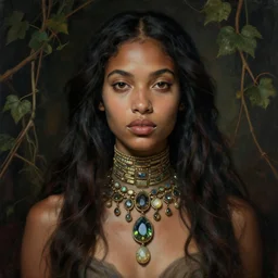 detailed portrait in femininity, cosmopolitan priestess, realistic face chiseled features, specular eyes, ethnic, statuesque model, natural skin, lush hair, high collar, layers, subsurface scattering, jewel, asymmetrical, chiaroscuro, organic impressionism, vine backdrop, deep rich color, digital illustration