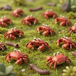 voidless of the festival, large group of crabs and worms, crawling along a bed of moss, low poly, creeper world, handcrafted, artstation, hyperrealistic, hard light, best practices, creeptastic, photorealism, macro perspective, cuddly