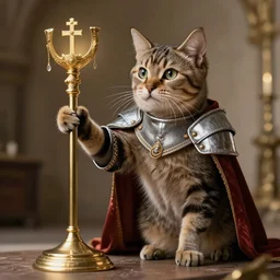 an amazing award winning photo of a cat as knight templar protecting the holy grail, very detailed and sharp, 4k hdr, cinematic masterpiece