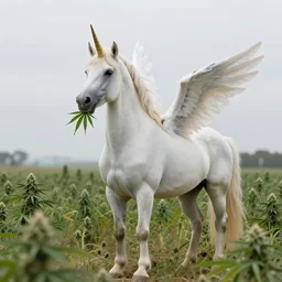 a unicorn with wings standing in a field of marijuana eating the leaves, photography, 8 k, highly detailed, ultra realistic, path traced