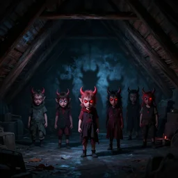 Little devil crowd in the attic, dark, shadows, night