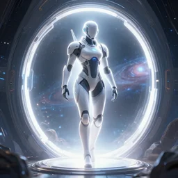 The video game character Wearing future armor. As he steps through the portal, he is surrounded by a bright light. When the light fades, he finds himself in an interdimensional galaxy. There are Gears and hourglass all around him, leds, high detail, sharp, studio,  hd, hdr, ue5, ue6, unreal engine 5, cinematic 4k wallpaper, 8k, ultra detailed, high resolution, artstation, award winning
