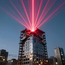 building being destroyed by laser beam from above, 4k render, trending on artstation
