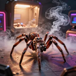 an adorable spider exhaling smoke in a smoke filled room, hotbox, neon lighting, comic art, ultra high resolution, high detail