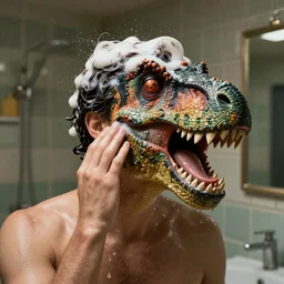 photo of a man with a dinosaur head for a face suffering from a bad dandruff problem in his bathroom, shampoo advert