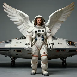 biblical angel wearing a spacesuit in front of their spaceship, second coming, centered, portrait by Greg Hildebrandt, studio lighting, muted colors, by Terry Richardson, by Leonardo DaVinci, by Stanley Kubrick, ultrarelistic, extreme detail, caustics, trending on Artstation, 8K, octane renderer, rtx on