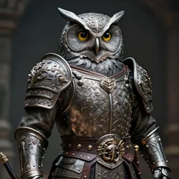 photograph of a warrior with metal ornate owl armour.  Extremely detailed. 8k
