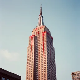 empire state building fully covered in thick red slime, film photograph