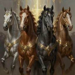 Portraits based on the four horsemen of the apocalypse, intricate, elegant, menacing, fantasy, highly detailed, digital painting, shallow focus, illustration, beautiful volumetric lighting, epic light by Rembrandt