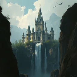 a painting of a castle with a waterfall in front of it, a detailed matte painting, unreal engine 5, digital painting, vertical, intricate, beautiful, detailed, grunge, sharp focus, abstract art by kuvshinov and el lissitzky and artgerm and kandinsky, trending on artstation. darker to bottom