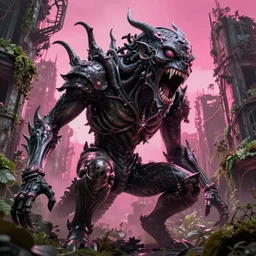 post - gothic giant manananggal, exoskeleton armor screaming, dystopian ruins covered in vegetation, highly detailed smooth digital art masterpiece, vitaly bulgarov giger dramatic pink light, ground angle hd 8 k, sharp focus