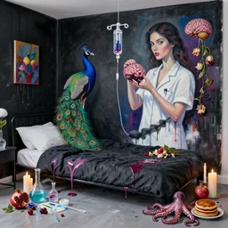 bedroom with black dripping walls and a futon, a peacock, berry juice dripping, a sensual portrait of a female pathologist holding a brain, intravenous drip, wilted flowers, pomegranate, candles, octopus, pancakes, berries, surgical supplies, scientific glassware, candles, neo - expressionism, surrealism, acrylic and spray paint and oilstick on canvas
