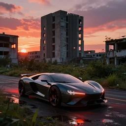 highly detailed futuristic car, on the background brutalist architecture by Le Corbusier, abandoned buildings, empty streetscapes, surrounded by lush green vegetation, ground-level view, puddles of water, stunning volumetric lighting, sunset, trending on Artstation, 8k, photorealistic, hyper detailed, unreal engine 5, cinematic, epic lighting, cryengine, octane render, cyberpunk, red and orange glow, dark, gloomy