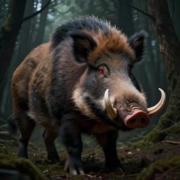 giant monstrous wild boar with red eyes and many tusks, in dark woods, dim colors, forest, highly detailed illustration, masterpiece, fantasy, magical, hyperdetailed, realistic, witch fairytale, 4 k, 8 k, highly detailed matte painting, dungeons and dragons