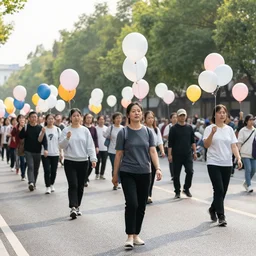 A large group of people parading through the street each holding balloons, calm afternoon, natural lighting.