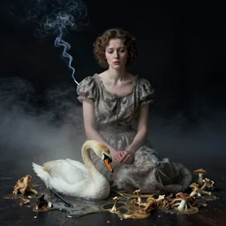 photographic portrait of sad max ernst woman swan dried melting floral fungus with spiraling cigarette smoke, wearing a dress, deep space, in fog