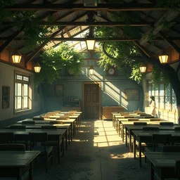 a wholesome animation key shot of a post apocalyptic clasroom, covered by nature hipster vibes by studio ghibli, animation, sharp, rendered in unreal engine 5, focused, anime key art by greg rutkowski, bloom, dramatic lighting