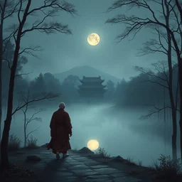 a lonely chinese monk walking in forest path at night. just one moon!! painting by tooker, george, takato yamamoto and makoto shinkai. chinese temple. ultra clear detailed. octane render. 8 k. grey blue, sharp focus, extremely coherent, medium long shot. fog. lake!!
