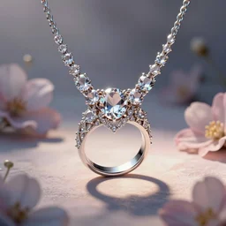 intricate! organic, nordic wedding ring, necklace, gemstones, isolated on dreamy floral background, refraction, occlusion, lower and upper levels, keyshot render, octane render, vray render