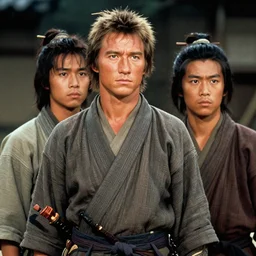 young clint eastwood as a ronin samurai brothers, in robes, in the movie seven samurai ( 1 9 5 4 ). grainy movie still, high detail, sharp focus