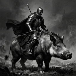 A knight riding on top of a tapir. Dark Fantasy, Film Noir, Black and White. High Contrast, Mike Mignola, D&D, OSR