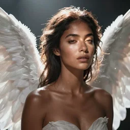 beautiful female angel, brown skin, asymmetrical face, ethereal volumetric light, sharp focus
