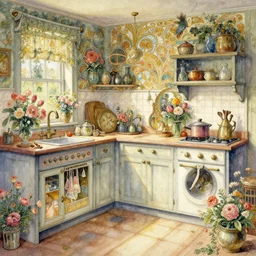 a beautifull intricate watercolour painting of a victorian kitchen with many flowers, reflexions, verry high details by william turner art, greg rutkowski and alphonse mucha, trending on artstation, very very detailed, masterpiece,