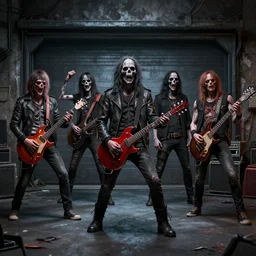 a garage of undead rock band, realistic, extremely detailed, sharp focus, wide view, smooth, digital illustration, intense colors, octane render, unreal engine 6, ray tracing, by james jean, by rossdraws, by frank franzzeta, by mcbess, by sakimichan, by brosmin, by danton fadeev, by steve simpson