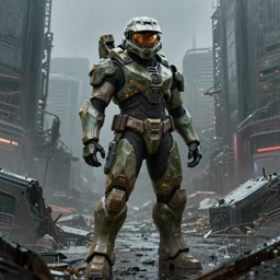 full body character portrait of a big bulky female warrior in halo spartan armor in a desolate cyberpunk wasteland city, 8 k, realistic shading, realistically rendered eyes, photorealistic eyes, symmetrical face elements, concept art, digital painting, illustration, matte painting, moody lighting, sharp focus, minimal artifacts, wet, heavy rain, rainstorm, john singer sargent, william - adolphe bouguereau