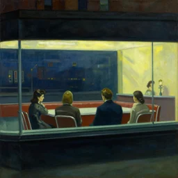 1942 oil on canvas painting by Edward Hopper that portrays four people in a downtown diner late at night as viewed through the diner's large glass window. The light coming from the diner illuminates a darkened and deserted urban streetscape.