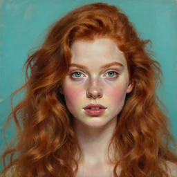 hyper realistic painting portrait of a redhead girl with flowing curls and beautiful green eyes, hyper detailed face by stjepan sejic, by norman rockwell, by michael hussar, by roberto ferri, by ruan jia, textured turquoise background
