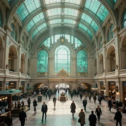 cinematic movie scene, 200mm wide shot, precise architectural rendering, interior of victorian era railway station with ornate architecture, bustling with people and, victorian architecture, emerald, crystalline, detailed illustration, sharp focus, concept art, unreal engine, octane render, god rays, aesthetic