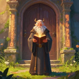 an old wizard facing the camera in robes holding a magical book standing in front of an elaborate ancient wooden closed door, beautiful colourful fantasy rendering, colorful, grass, stone steps, glowing runes, morning, golden hour, inspired by art of James Gurney and Greg Rutkowski