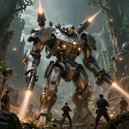 military mech covered in armor, bomb missiles lasers guns war battle, artifact machine, glowing lights, beautiful forests and trees, gothic castles and towers, intricate detail, dystopian, epic wallpaper, art by darek zabrocki and john park and feng zhu and jason chan, trending on artstation, masterpiece.