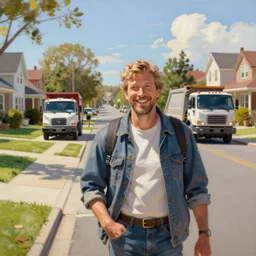 classic oil painting, a suburban street with houses and dump trucks, as a dnd character, sunny suburban street, happycore, highly detailed, digital illustration, concept art, smooth, sharp focus, art by greg hildebrandt, and tim hildebrandt