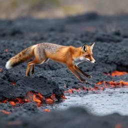 A fox jumping over a lake of lava