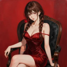sexy girl with braided brown hair, wearing a low cut dress, and sitting in a chair, highly detailed, painting, red and black color palette, intricate, high quality anime artstyle, in the style of ilya kuvshinov
