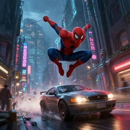 a car speed chase down in a brutalism looking city with spiderman swinging, dim neon lights, lens flare, scale, night life, heavy rain, deep focus, d & d, fantasy, intricate, elegant, highly detailed, digital painting, artstation, concept art, matte, sharp focus, illustration, hearthstone, art by artgerm and greg rutkowski and alphonse