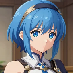 female alchemist with short blue hair and a headband, from Bravely Default II, jRPG, videogame, anime, highly detailed, artstation, concept art, sharp focus, beautiful face, expressive eyes, illustration, art by Hiromu Arakawa