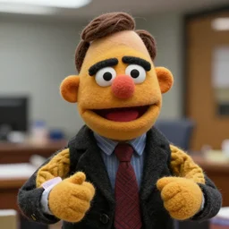 film still from the office, dwight schrute as a puppet mumpet!!. highly detailed felt. hyper real photo, octane, jim henson, 4 k.