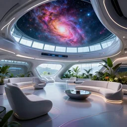 ultra modern concept design of a vast spaceship interior, futuristic chairs and sofas can be seen in the foreground, a large colorful nebula can be seen from a window, large plants in the background, in the style of Liam Wong, wide angle shot